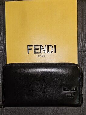 Fendi Black Leather Zip Wallet with Monster Eye Detail